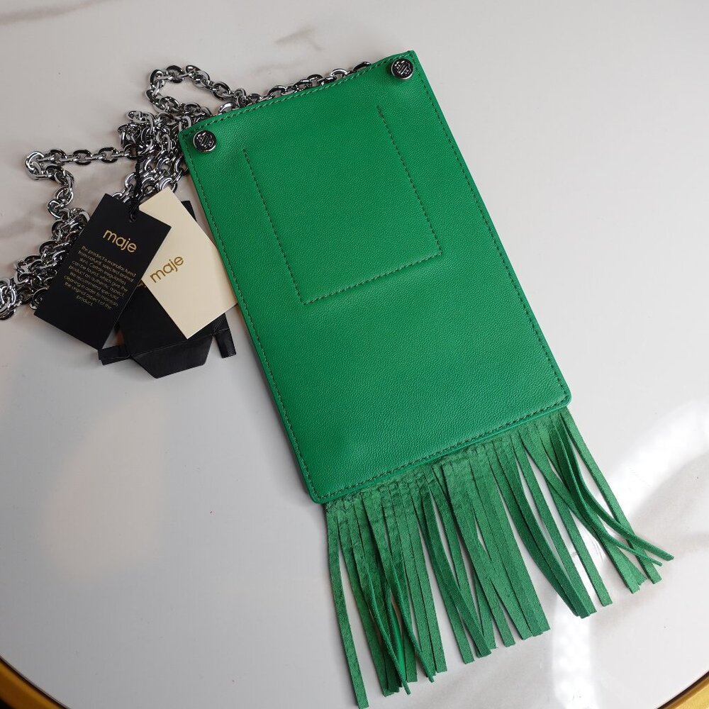 MAJE Leather Fringe chain strapped Phone Bag In green NEW - Picture 2 of 7